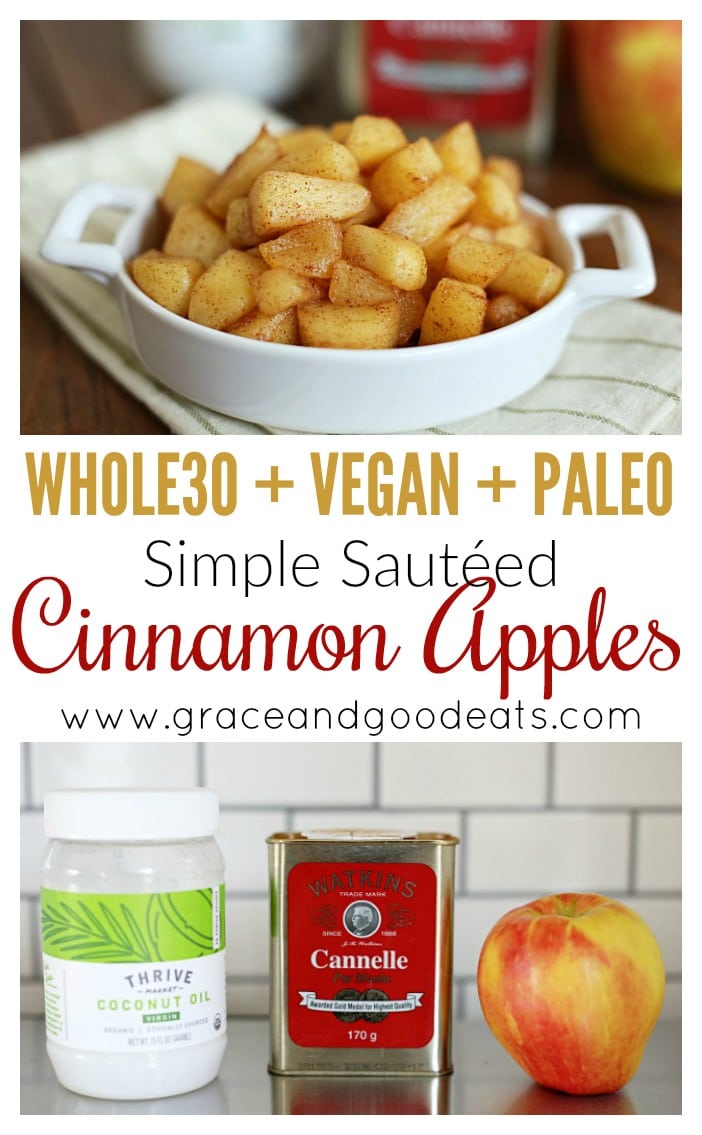 These simple three ingredient sautéed cinnamon apples are Paleo, Vegan, and Whole30 compliant. No added sugar or sweeteners, dairy free, gluten free, and DELICIOUS!