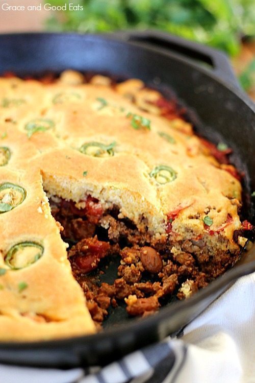 Close up of chili cornbread pie