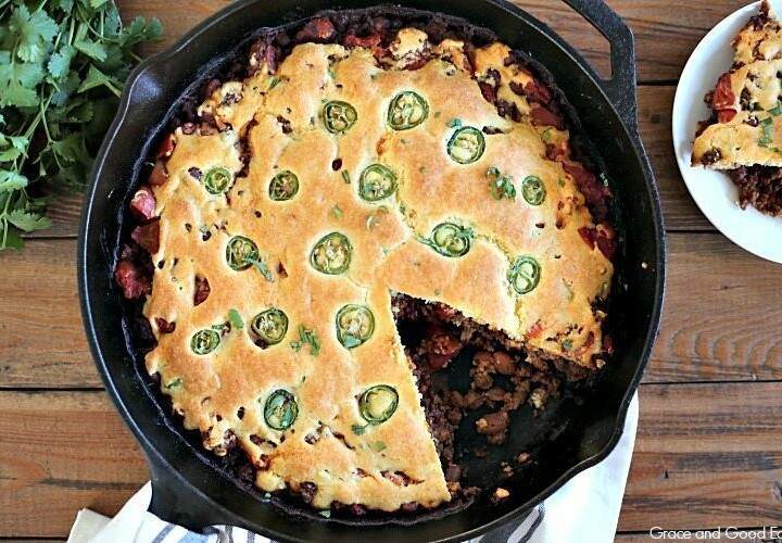 This Kickin' Chili Cornbread Pie is hearty, meaty, spicy goodness. Perfect for a cold night and easy enough for a weeknight meal.