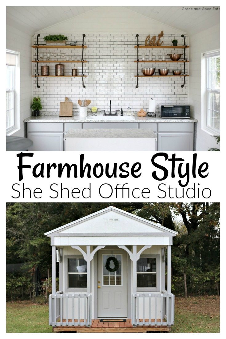 I transformed an unfinished tiny house cabin into my dream Farmhouse Style She Shed Office Studio. Electricity, hot water, cabinets, flooring, and faux shiplap all came together to make the perfect detached food photography studio office space. Check out the full reveal with sources.