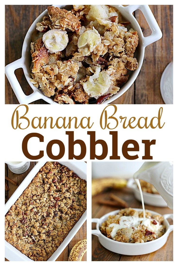 All the tastes of banana bread in a gooey, warm cobbler that is perfect for breakfast or dessert. Serve this Banana Bread Cobbler with a drizzle of fresh cream or a scoop of vanilla ice cream.
