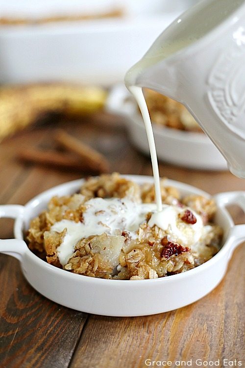 pouring cream over banana bread cobbler