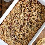 casserole dish with banana bread cobbler