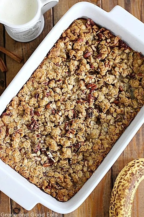 casserole dish with banana bread cobbler