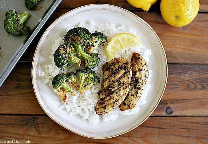 Cooked Perfect Lemon Herb Chicken and Parmesan Roasted Broccoli come together to create a one Sheet Pan Lemon Chicken.  This dish is an easy weeknight meal and bakes in under twenty minutes.