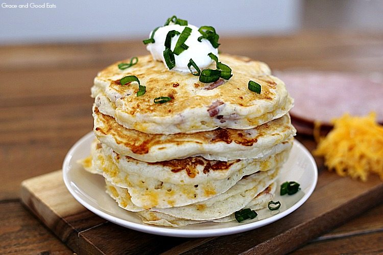 stack of savory pancakes on a white plate