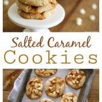 These Salted Caramel Cookies are a match in caramel + flaky sea salt + white chocolate chip Heaven.  Not only do they taste amazing, but the recipe is incredibly easy (no need to soften butter or use a stand mixer). 