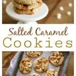 These Salted Caramel Cookies are a match in caramel + flaky sea salt + white chocolate chip Heaven.  Not only do they taste amazing, but the recipe is incredibly easy (no need to soften butter or use a stand mixer). 