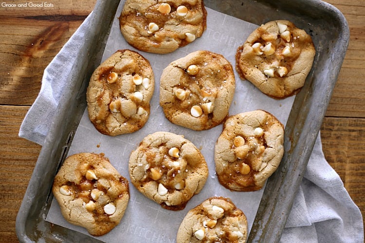 sea salt caramel cookies on a small baking sheet