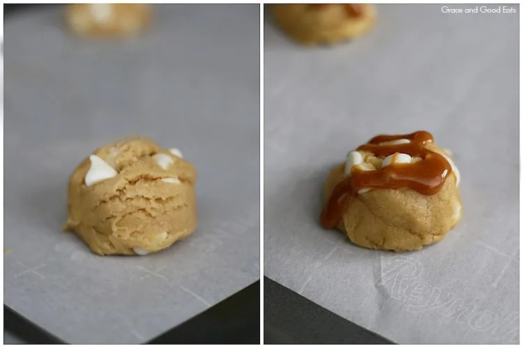 cookie dough beside cookie dough with drizzled caramel