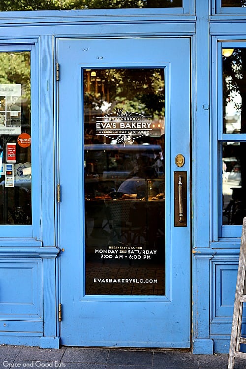 bright blue door outside of Eva's bakery