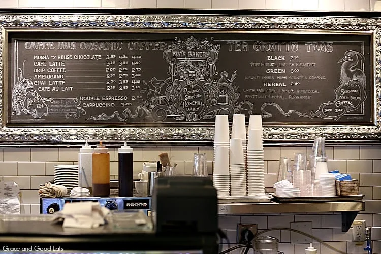 chalkboard coffee menu at Eva's Bakery