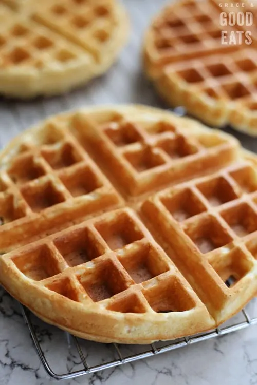 homemade waffles on a wire baking rack
