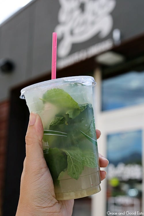 mint limeade in a to-go cup