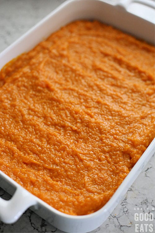 mashed sweet potatoes spread in a dish