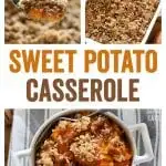 This Sweet Potato Casserole with Pecan Topping is a delicious holiday side dish or dessert.  The creamy sweet potatoes with butter and brown sugar pair perfectly with the crumbly streusel topping!