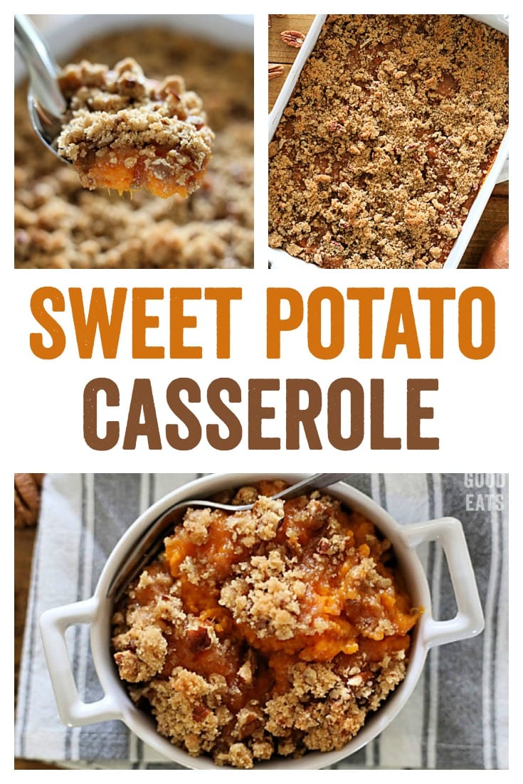 This Sweet Potato Casserole with Pecan Topping is a delicious holiday side dish or dessert. The creamy sweet potatoes with butter and brown sugar pair perfectly with the crumbly streusel topping!
