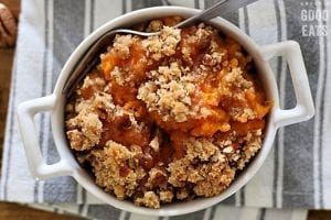 southern sweet potato casserole in a white dish