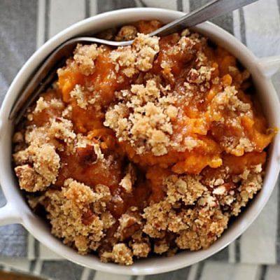 southern sweet potato casserole in a white dish