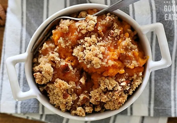 southern sweet potato casserole in a white dish