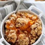 close up of sweet potato casserole with pecan topping