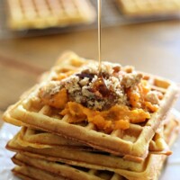 sweet potato waffles topped with leftover sweet potato casserole