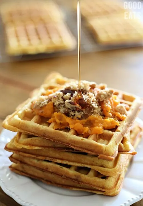 sweet potato waffles topped with leftover sweet potato casserole