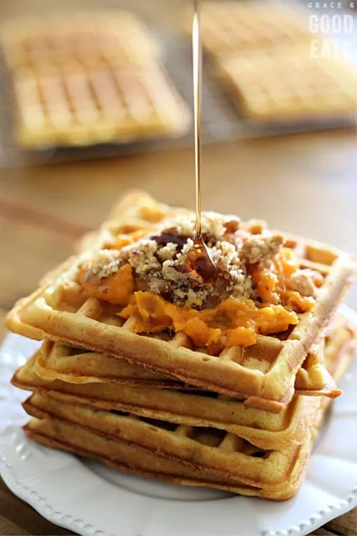 sweet potato waffles topped with leftover sweet potato casserole