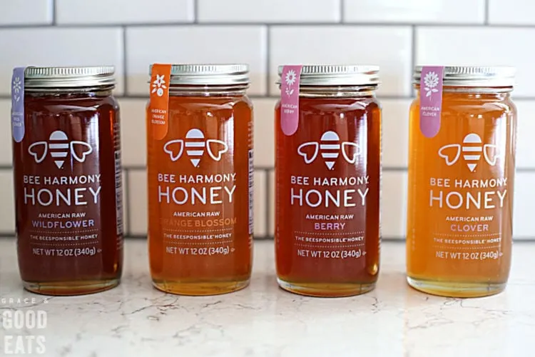 jars of Bee Harmony Honey lined up