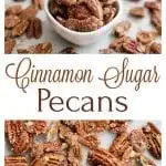 These Cinnamon Sugar Pecans are the perfect treat to snack on during the holidays.  They're also great as added crunch for a salad or for last-minute gifting!