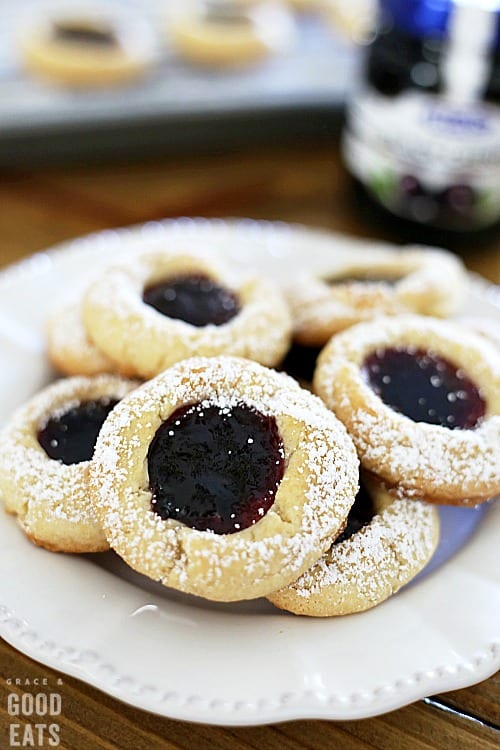 plate of easy thumbprint cookies stacked together