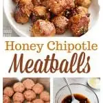 These Honey Chipotle Meatballs are a delicious appetizer full of sweet, smoky, and spicy flavors.  Pair these homemade turkey and sausage meatballs with rice for a quick and easy dinner.