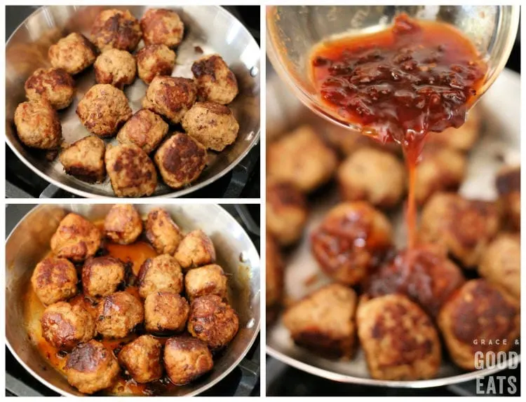 steps to add the honey chipotle glaze to cooked meatballs in a skillet 