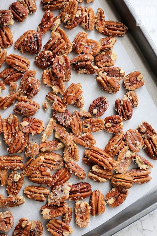 sheet pan with cinnamon sugar pecans