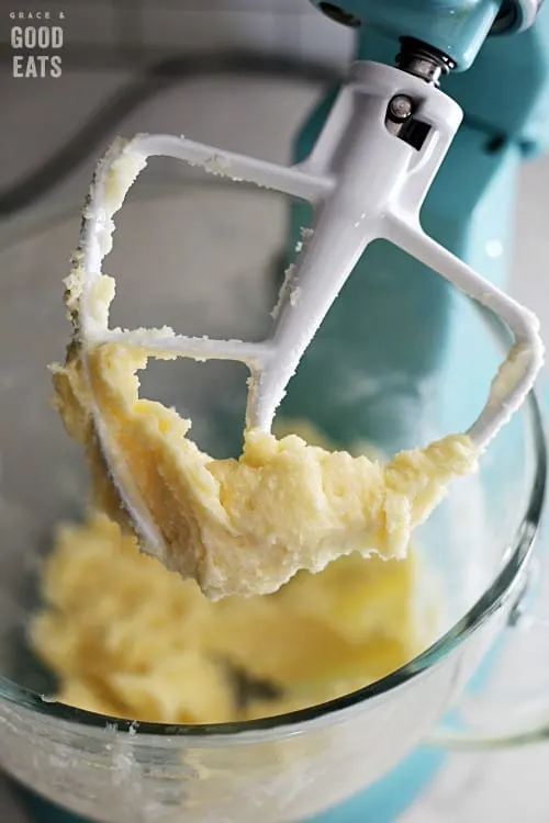 thumbprint cookie dough in a turquoise stand mixer