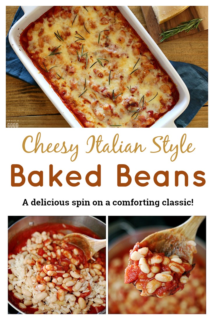 These Cheesy Italian Canned Baked Beans are a delicious spin on a Southern classic. Traditional Italian flavors like onion, garlic, tomatoes, and real Parmesan transform boring pantry staples into a comforting new dish.