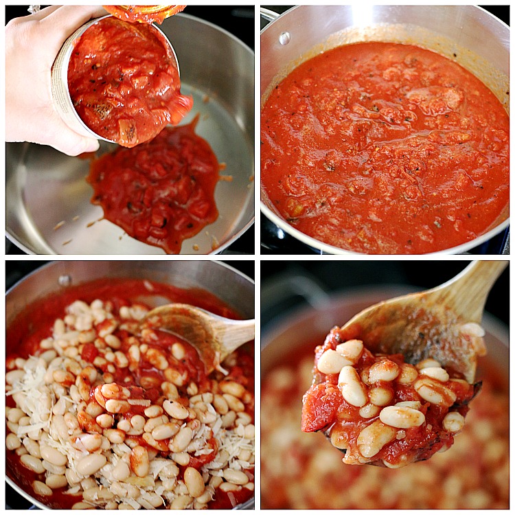 adding sauce to a pan, sauce in a pan, stirring in beans