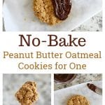 No Bake Peanut Butter Oatmeal Cookies - this easy four-ingredient recipe makes one delicious cookie.  Smear the top with melted chocolate and sprinkle of flaky sea salt to satisfy a quick craving!