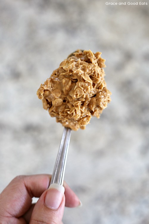 oats and peanut butter on a spoon