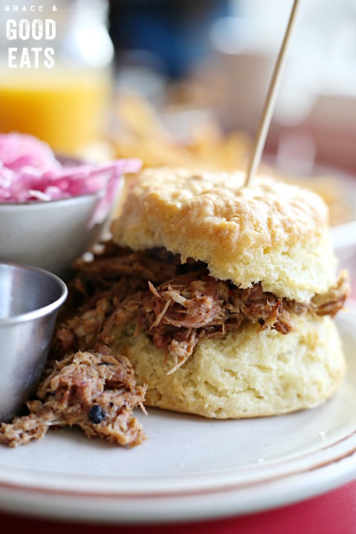 biscuit piled high with BBQ pulled pork