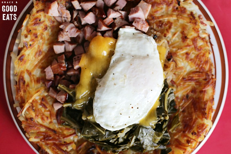 hash ups loaded with ham, cheese, greens, and an egg