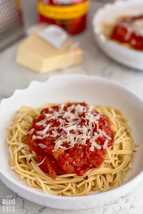 bowl of noodles with marinara sauce