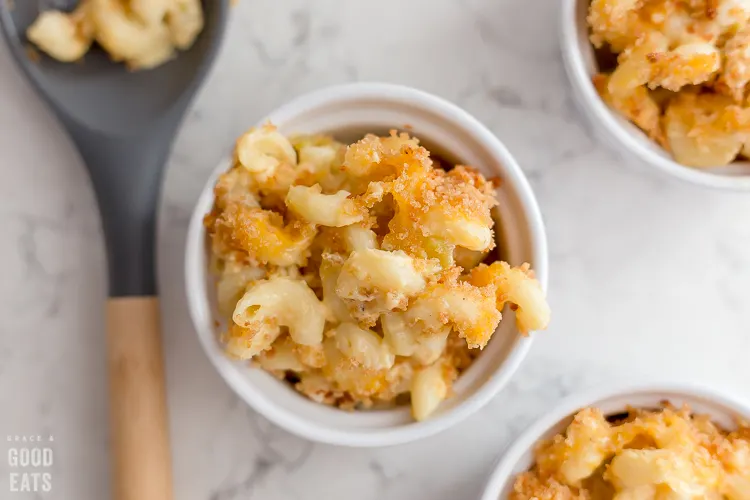 close up of a ramekin filled with green chile macaroni and cheese