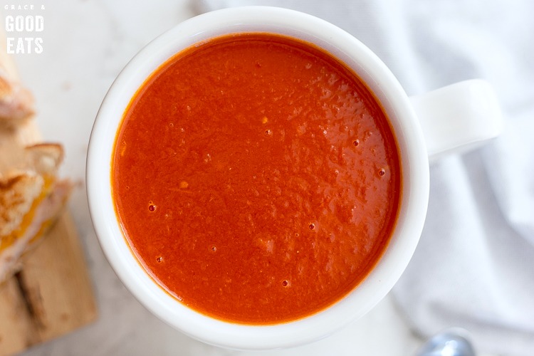 overhead close up of a bowl of instant pot tomato soup