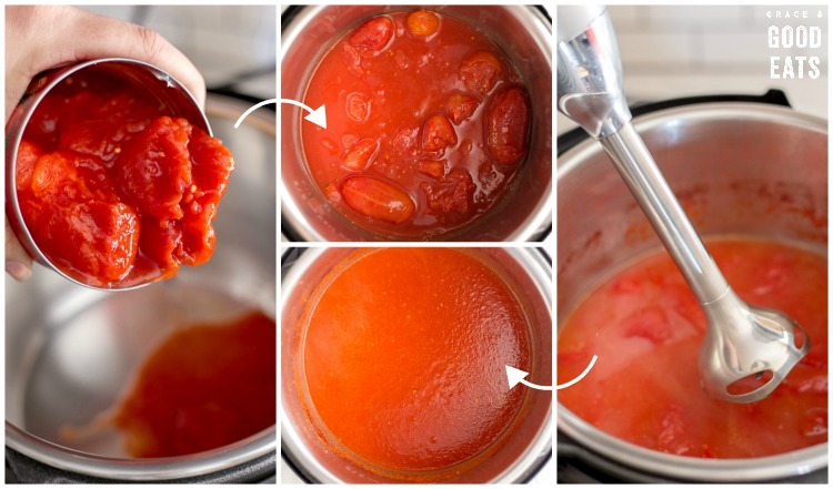 can of tomatoes being poured into a pot, tomatoes in a pot, using an immersion blender in the pot, a pot of smooth tomato soup