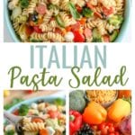 Italian Pasta Salad made with crunchy veggies, fresh mozzarella, tender rotini noodles, and a simple dressing.  This easy pasta salad recipe is deliciously flavorful as is, but also totally flexible- omit the meat, add in your favorite veggies, or sub in different cheeses to your liking.
