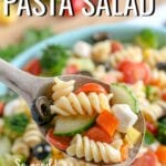 Italian Pasta Salad made with crunchy veggies, fresh mozzarella, tender rotini noodles, and a simple dressing.  This easy pasta salad recipe is deliciously flavorful as is, but also totally flexible- omit the meat, add in your favorite veggies, or sub in different cheeses to your liking.