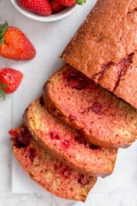 overhead view of sliced strawberry bread