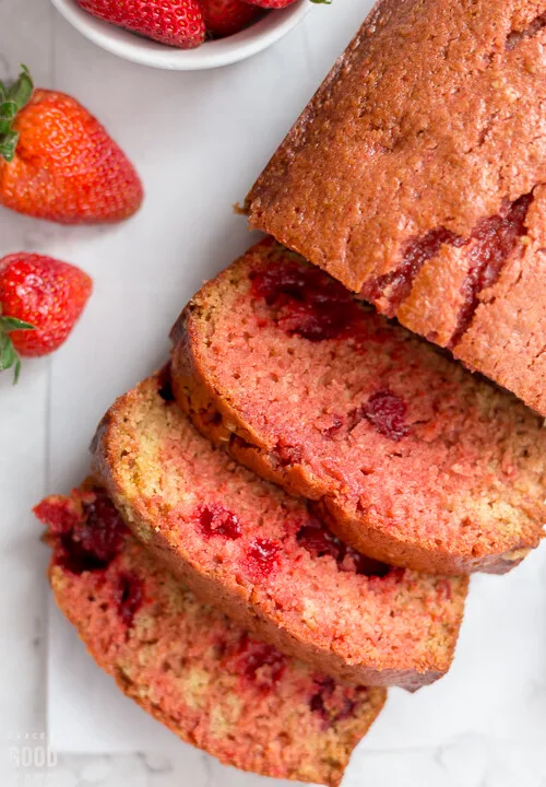 overhead view of sliced strawberry bread