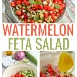 Watermelon Salad with crumbled Feta, fresh mint, and a light lime dressing makes for the perfect summertime dish.  Serve as a side with grilled chicken or spoon over arugula for a quick meal.     